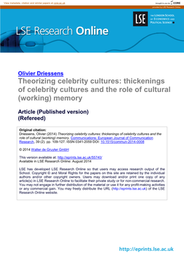 Theorizing Celebrity Cultures: Thickenings of Celebrity Cultures and the Role of Cultural (Working) Memory