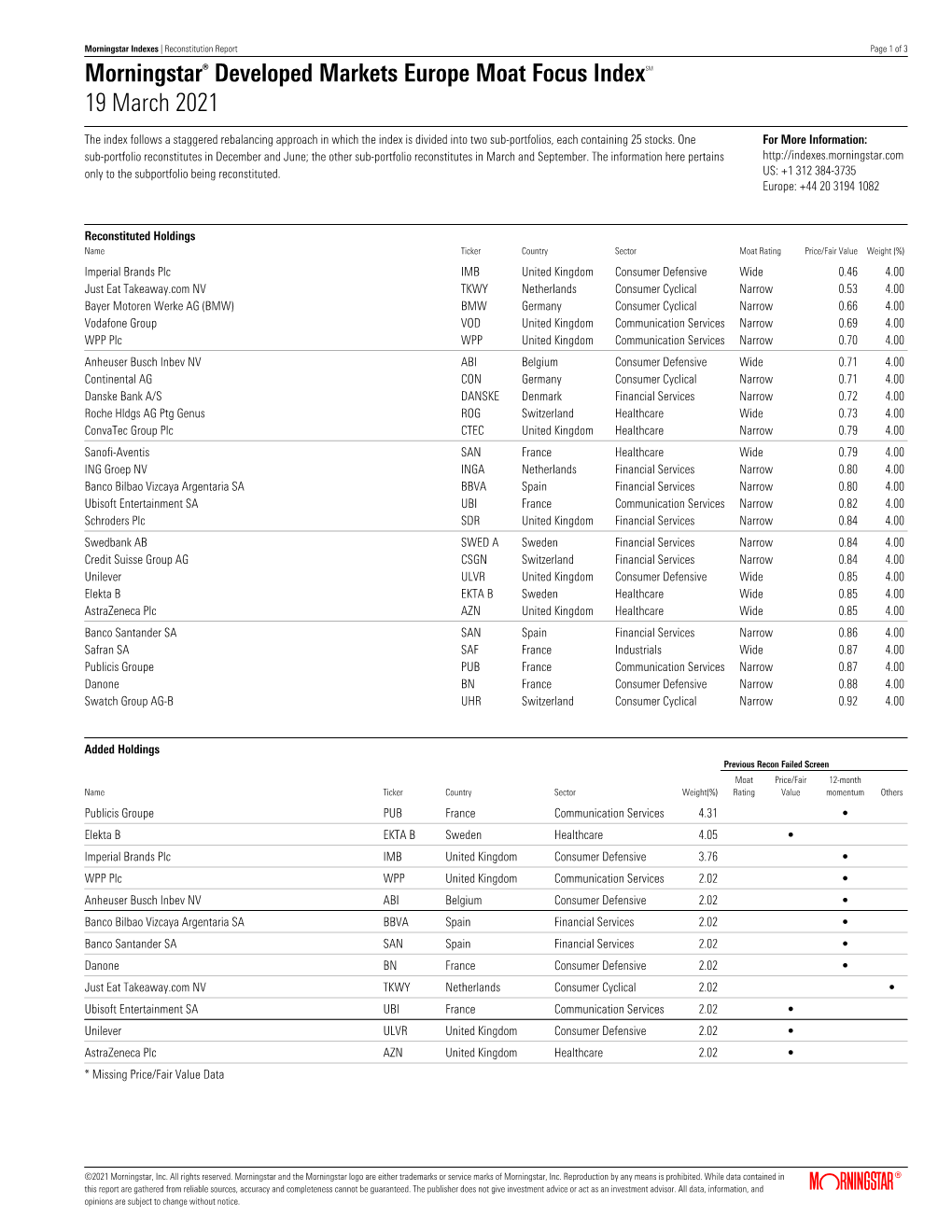 Morningstar® Developed Markets Europe Moat Focus Indexsm 19 March 2021