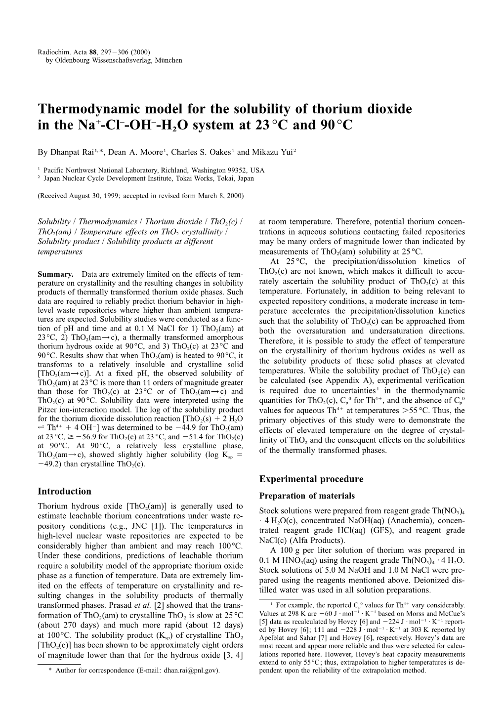 Thermodynamic Model for the Solubility of Thorium Dioxide in The