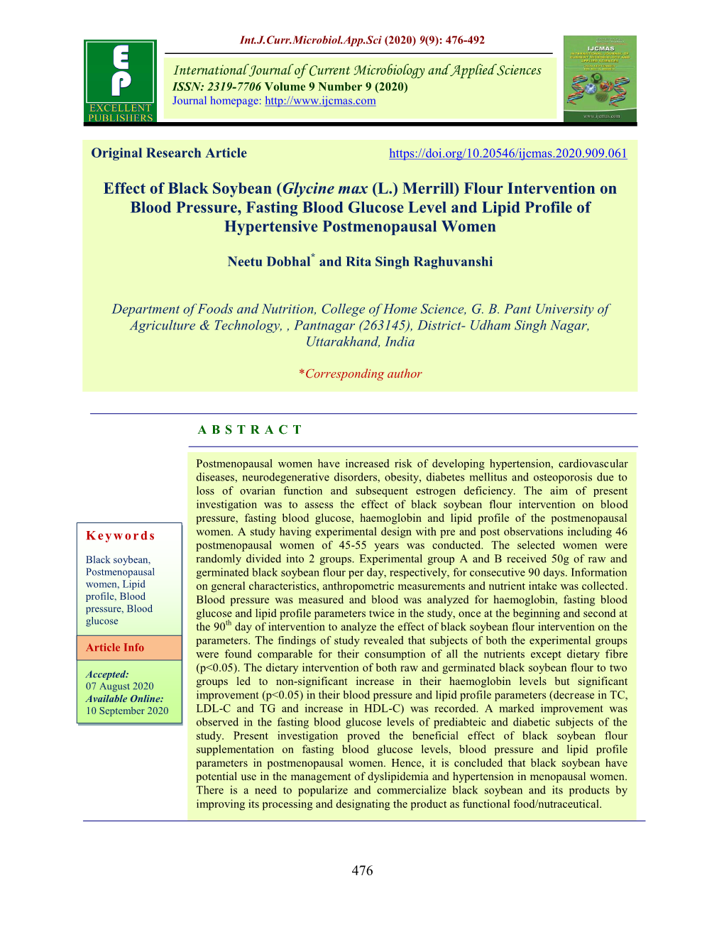 Effect of Black Soybean (Glycine Max (L.) Merrill) Flour Intervention On