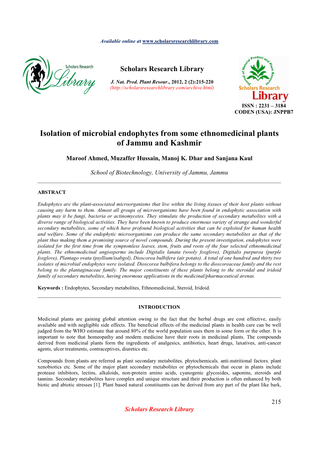 Isolation of Microbial Endophytes from Some Ethnomedicinal Plants of Jammu and Kashmir