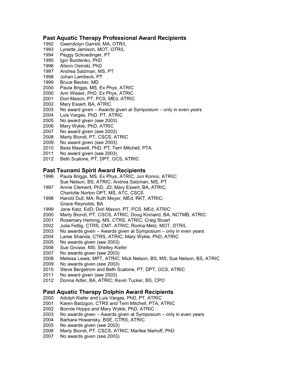 Past Aquatic Therapy Professional Award Recipients