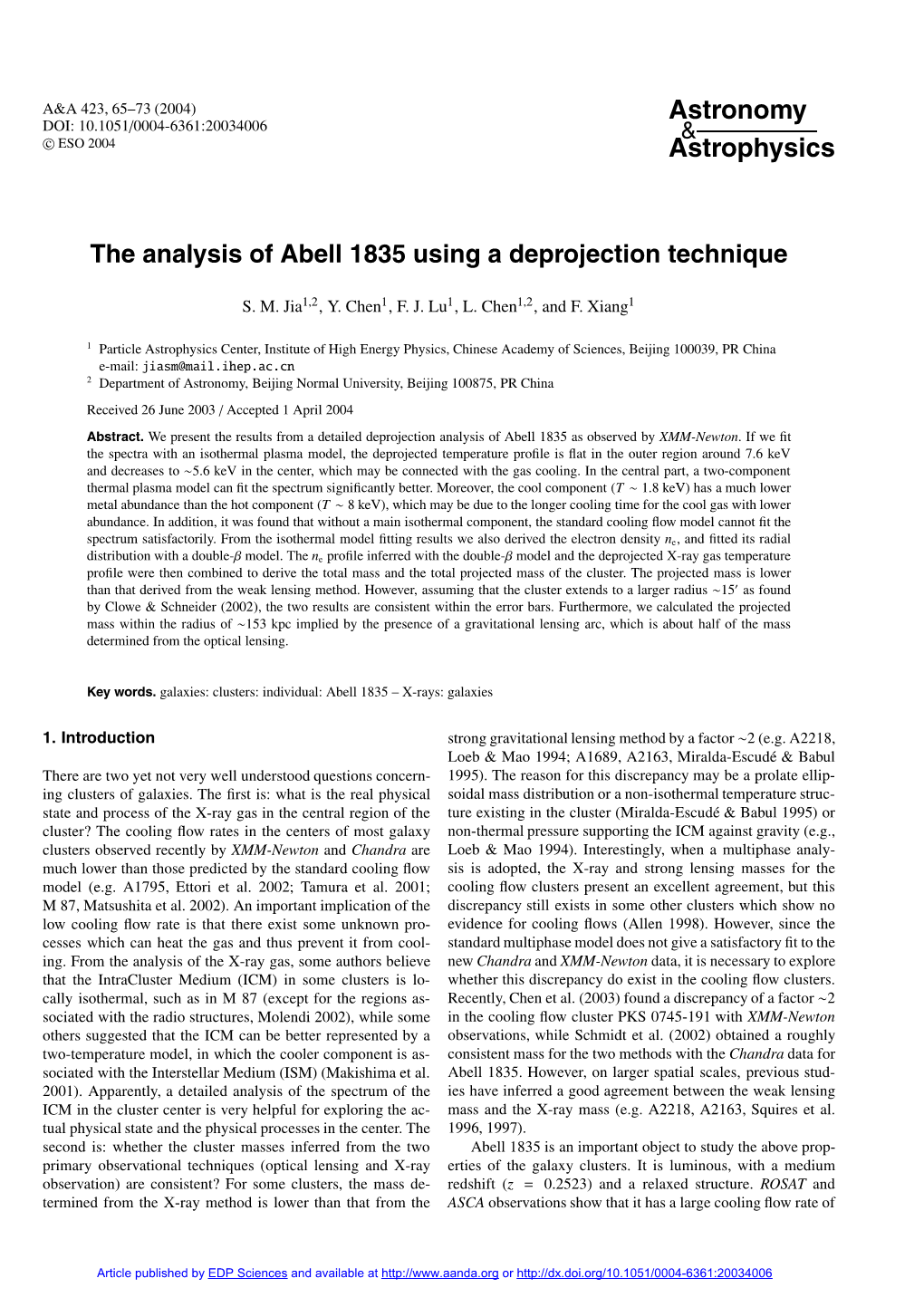 The Analysis of Abell 1835 Using a Deprojection Technique