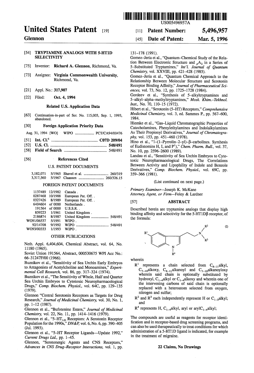 ||||I|IIII US005496957A United States Patent (19) 11 Patent Number: 5,496,957 Glennon 45) Date of Patent: Mar