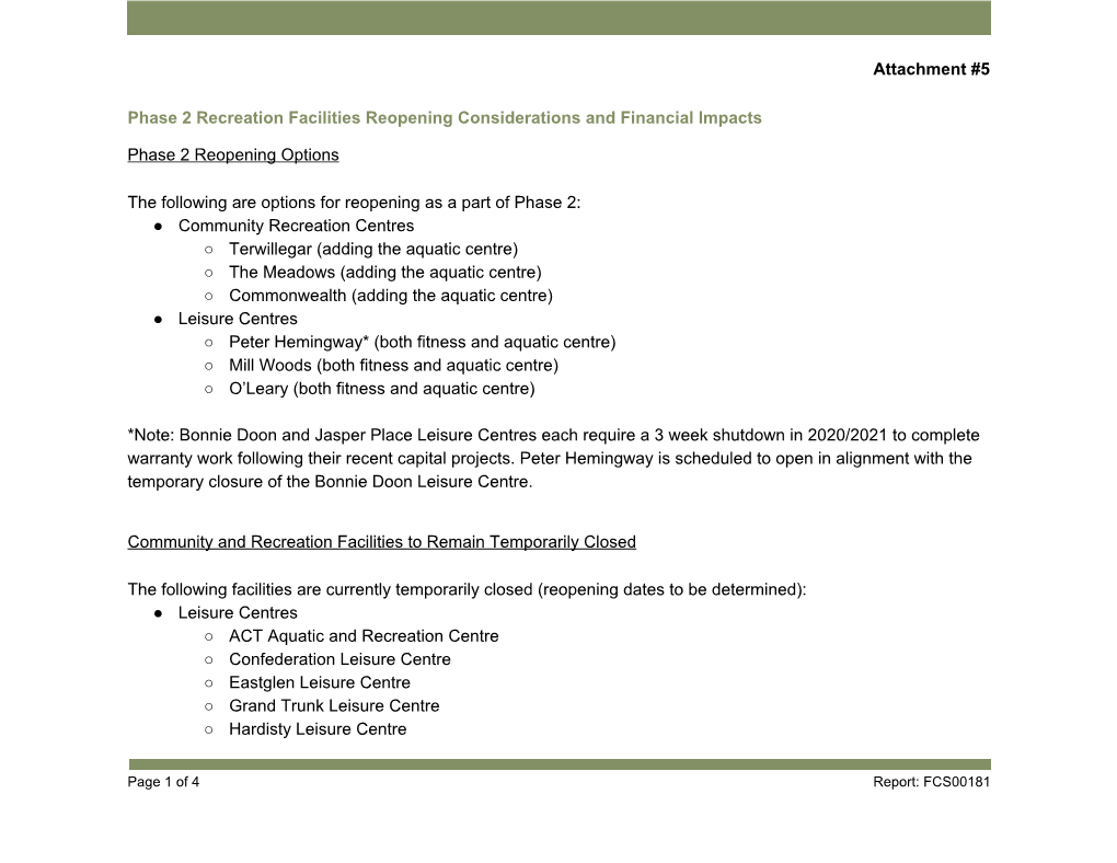 Phase 2 Recreation Facilities Reopening Considerations and Financial Impacts.Pdf