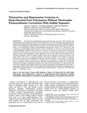 Thiotaurine and Hypotaurine Contents in Hydrothermal-Vent Polychaetes Without Thiotrophic Endosymbionts: Correlation with Sulﬁde Exposure Ã PAUL H