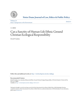 Can a Sanctity-Of-Human-Life Ethnic Ground Christian Ecological Responsibility David P