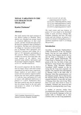 TONAL VARIATION in the LUE DIALECTS of THAILAND Kanita