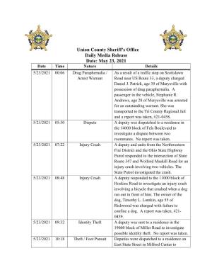 Union County Sheriff's Office Daily Media Release Date: May 23, 2021