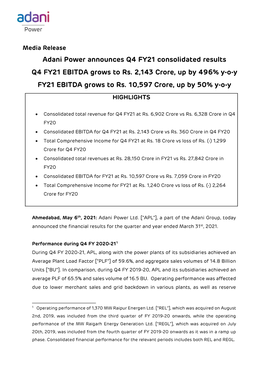 Adani Power Announces Q4 FY21 Consolidated Results Q4 FY21 EBITDA Grows to Rs