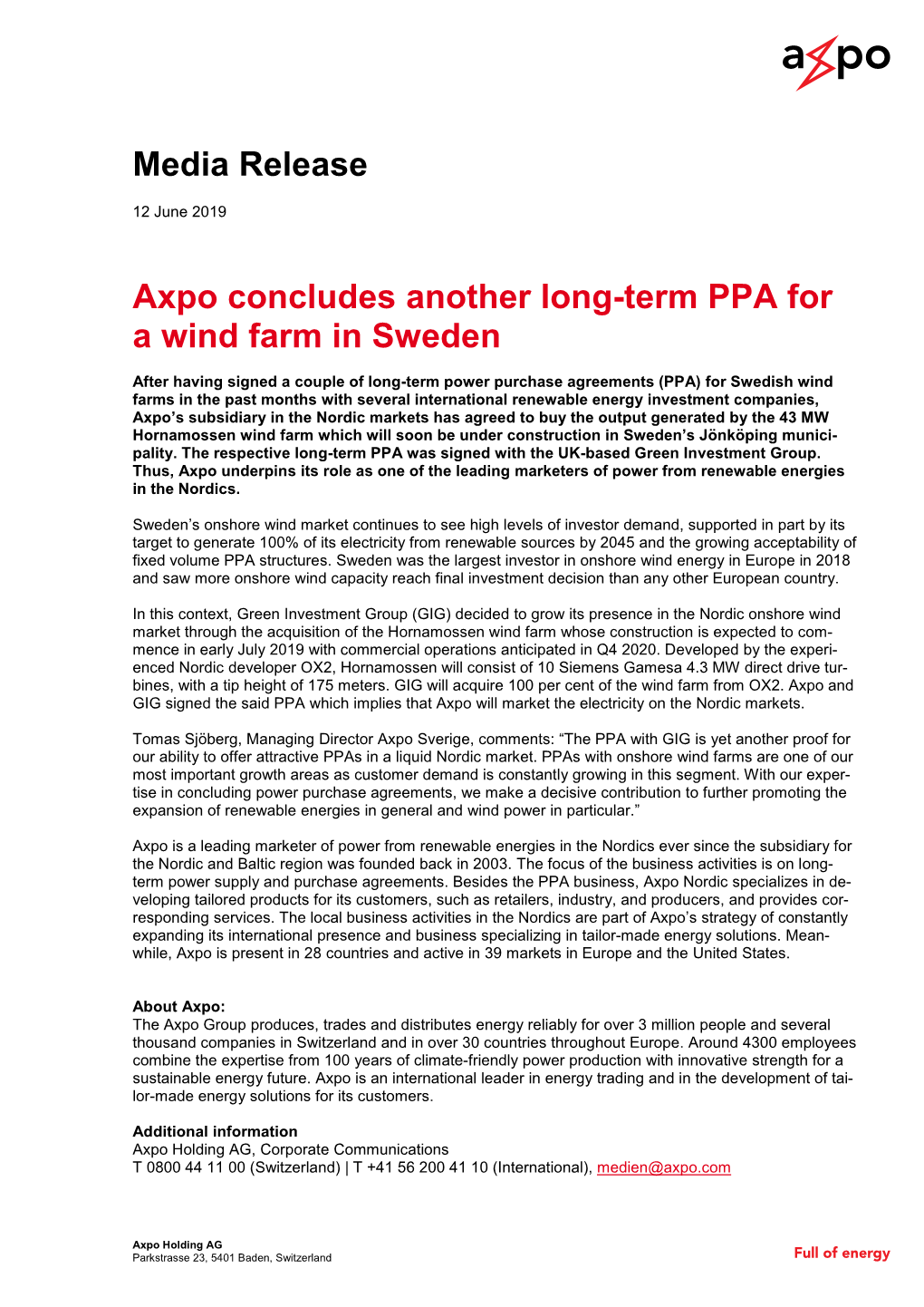 Media Release Axpo Concludes Another Long-Term PPA for a Wind