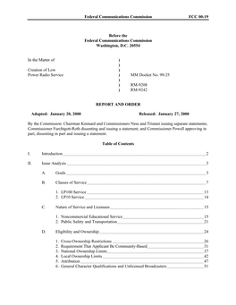 Report and Order, Creation of a Low Power Radio Service