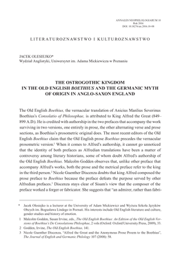 The Ostrogothic Kingdom in the Old English Boethius and the Germanic Myth of Origin in Anglo-Saxon England