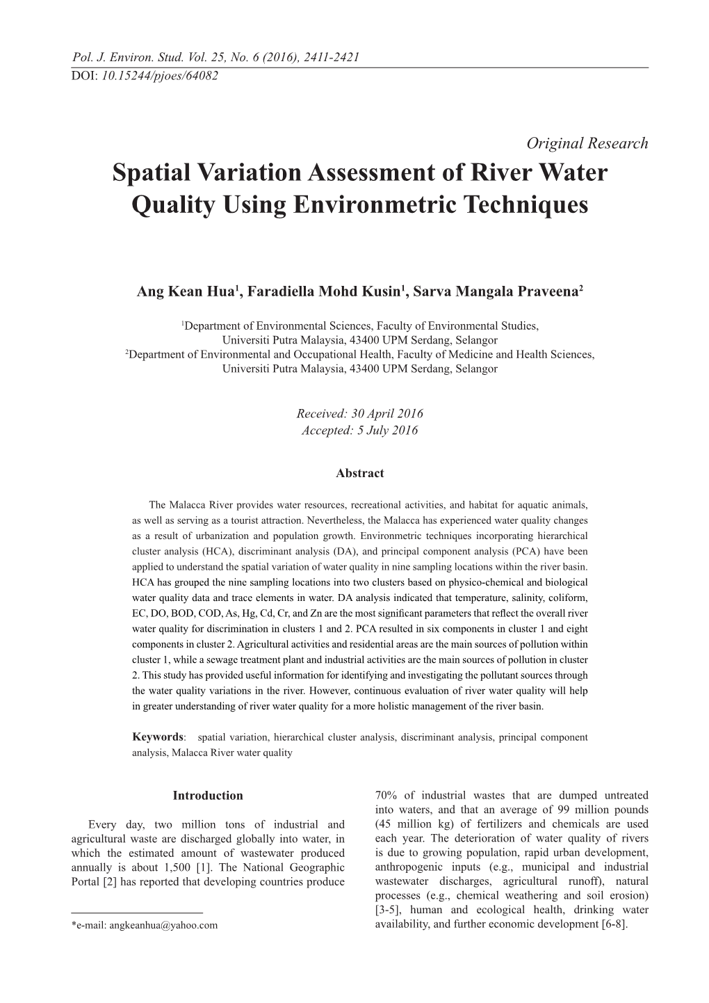 Spatial Variation Assessment of River Water Quality Using Environmetric Techniques