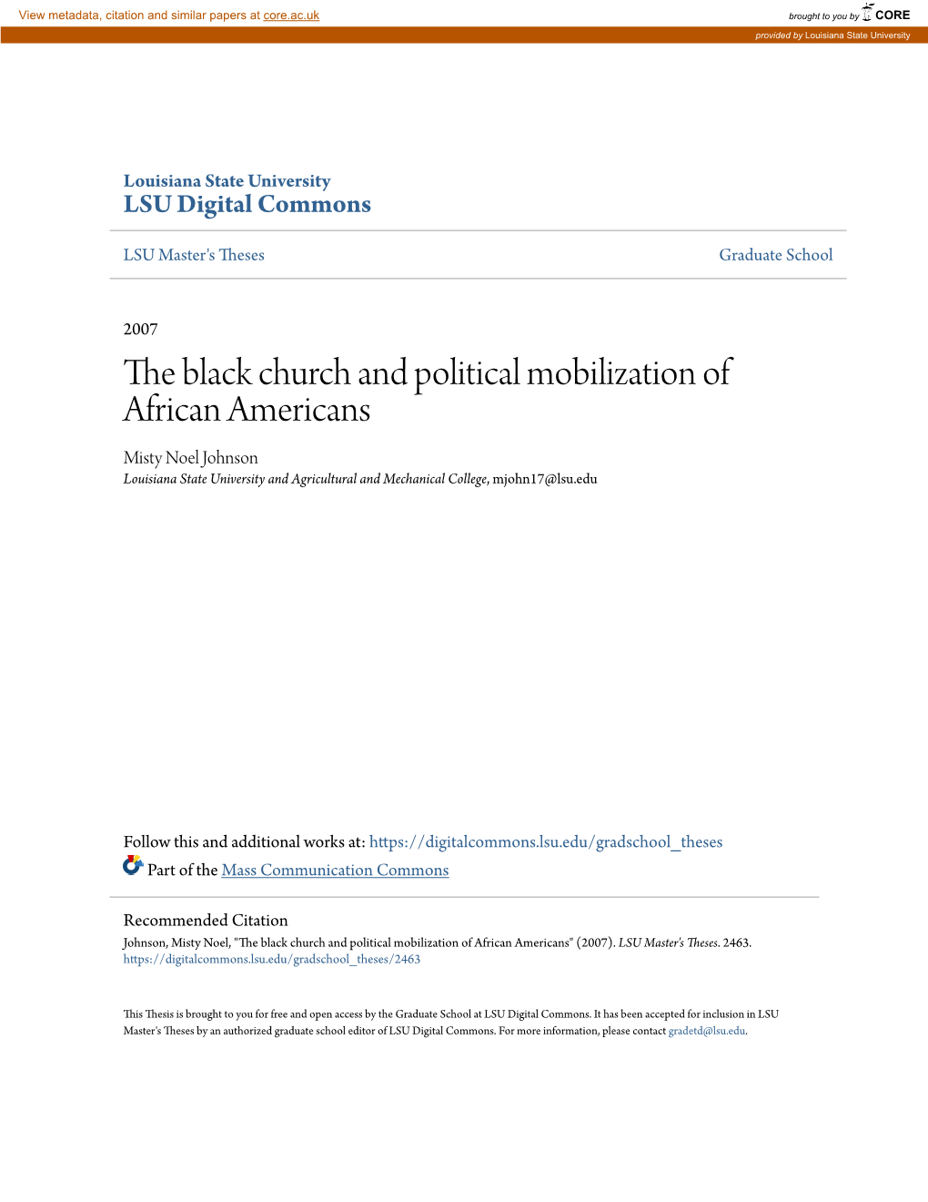 The Black Church and Political Mobilization of African Americans