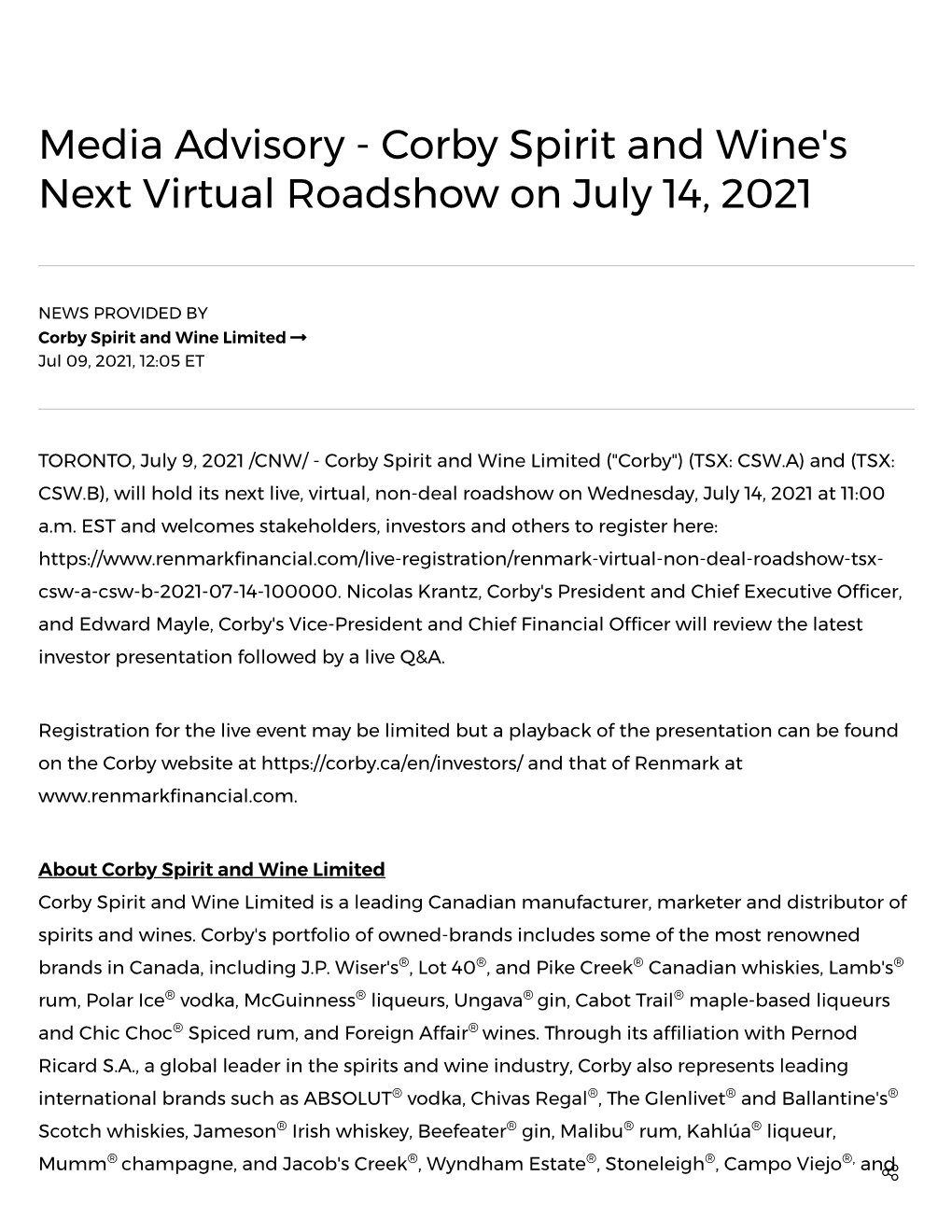 Media Advisory - Corby Spirit and Wine's Next Virtual Roadshow on July 14, 2021