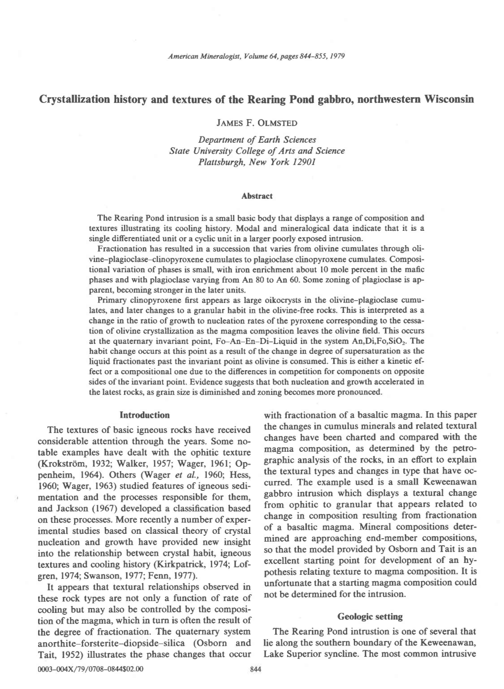 Crystallization History and Textures of the Rearing Pond Gabbro,Northwestern Wisconsin