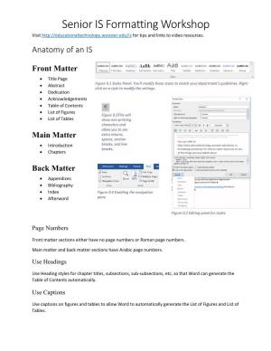 Senior IS Formatting Workshop Handout and Checklist