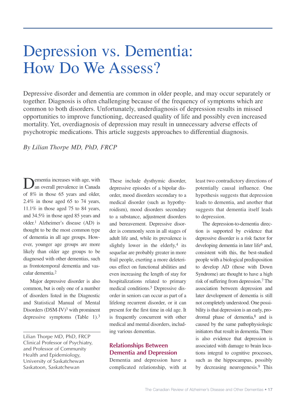 Depression Vs. Dementia: How Do We Assess?