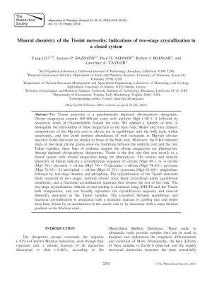 Mineral Chemistry of the Tissint Meteorite: Indications of Two-Stage Crystallization in a Closed System