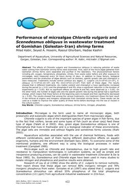 Performance of Microalgae Chlorella Vulgaris and Scenedesmus Obliquus in Wastewater Treatment of Gomishan (Golestan-Iran) Shrimp Farms Milad Kabir, Seyed A