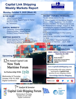 Capital Link Shipping Weekly Markets Report Monday, October 5, 2020 (Week 40)