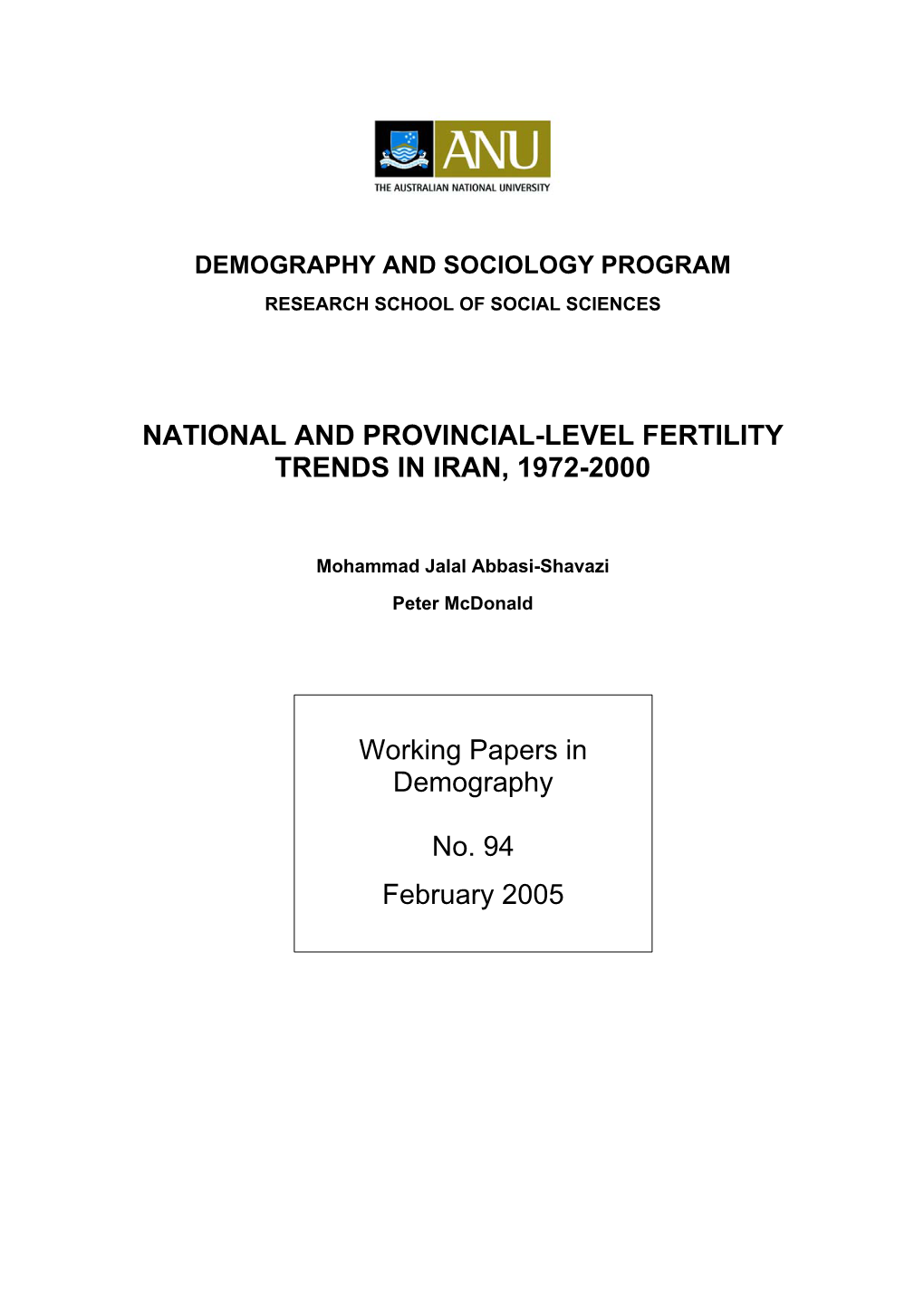 National and Provincial-Level Fertility Trends in Iran, 1972-2000