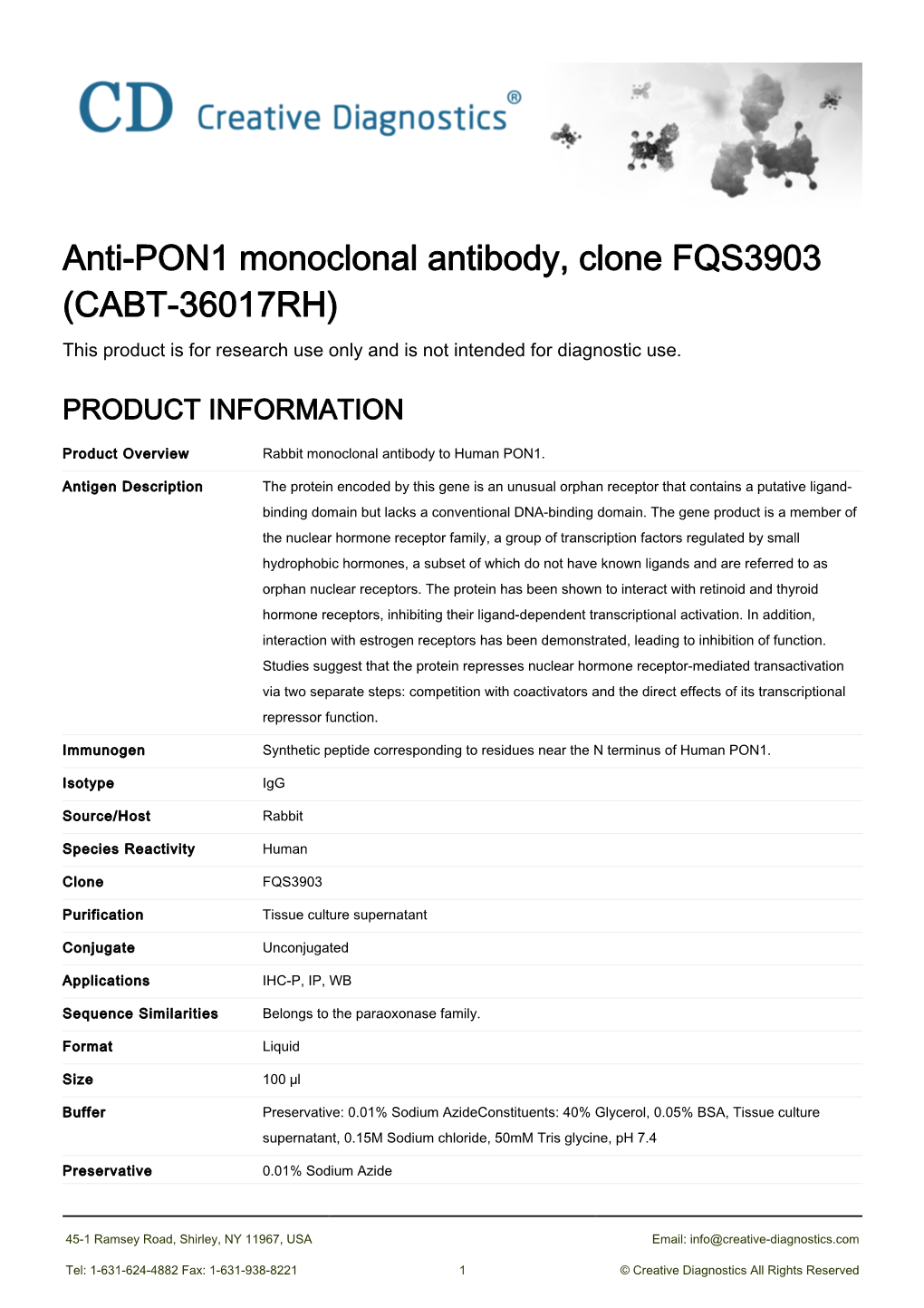 Anti-PON1 Monoclonal Antibody, Clone FQS3903 (CABT-36017RH) This Product Is for Research Use Only and Is Not Intended for Diagnostic Use