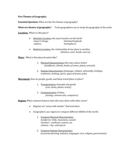 Five Themes of Geography: Essential Question: What Are the Five Themes