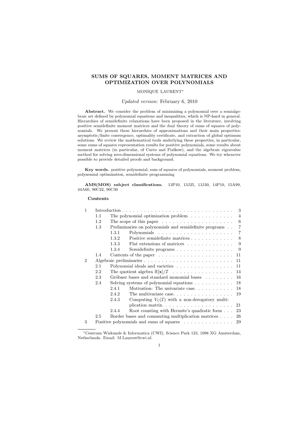 Sums of Squares, Moment Matrices and Optimization Over Polynomials