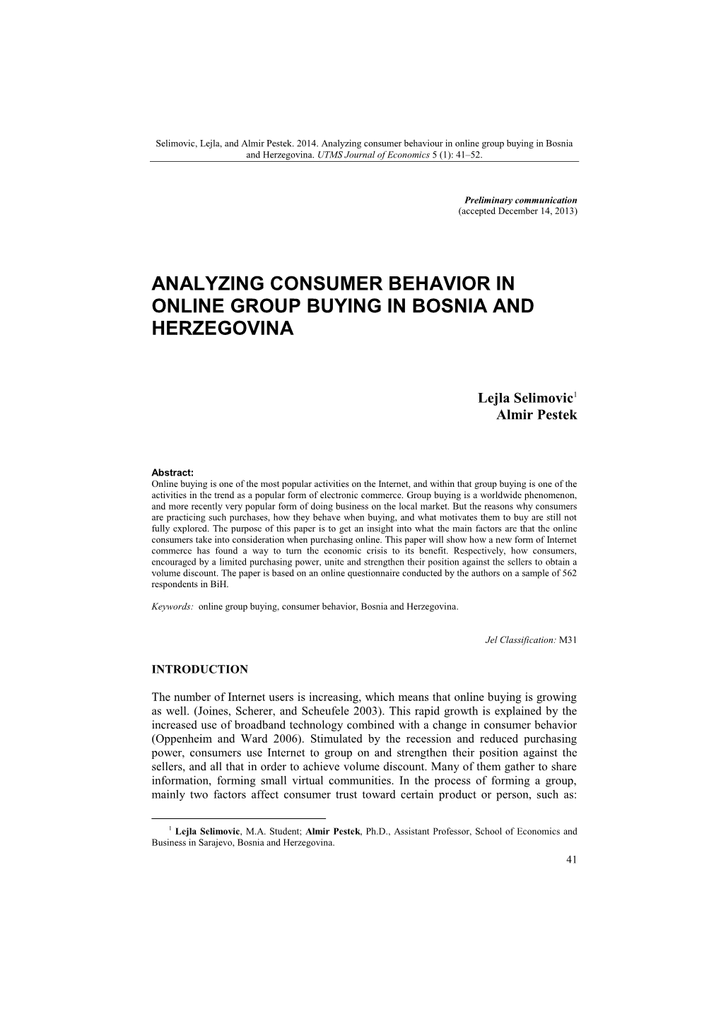 Analyzing Consumer Behaviour in Online Group Buying in Bosnia and Herzegovina