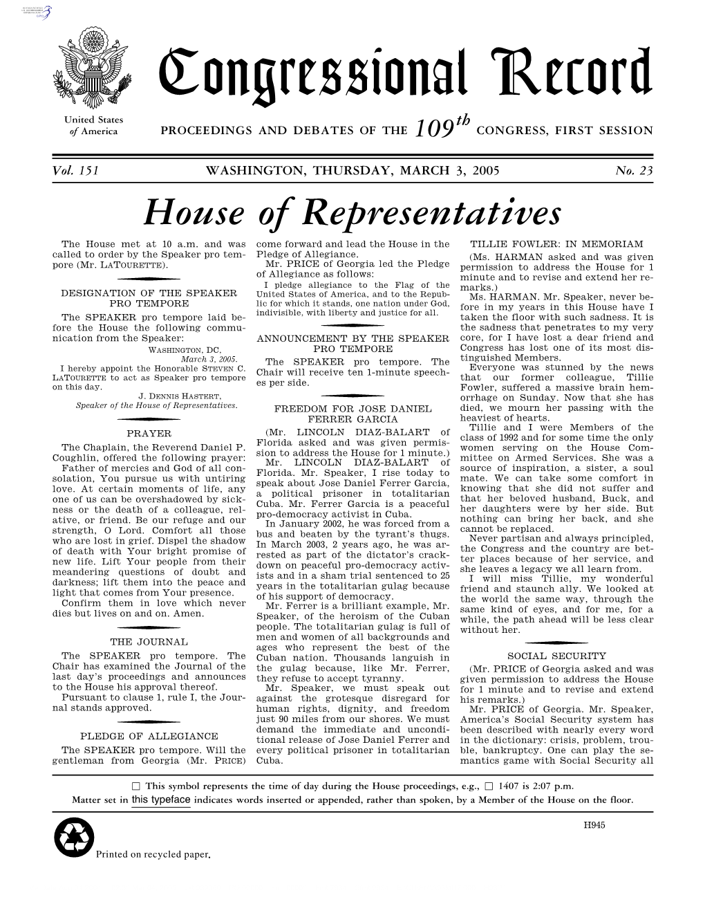 Congressional Record United States Th of America PROCEEDINGS and DEBATES of the 109 CONGRESS, FIRST SESSION