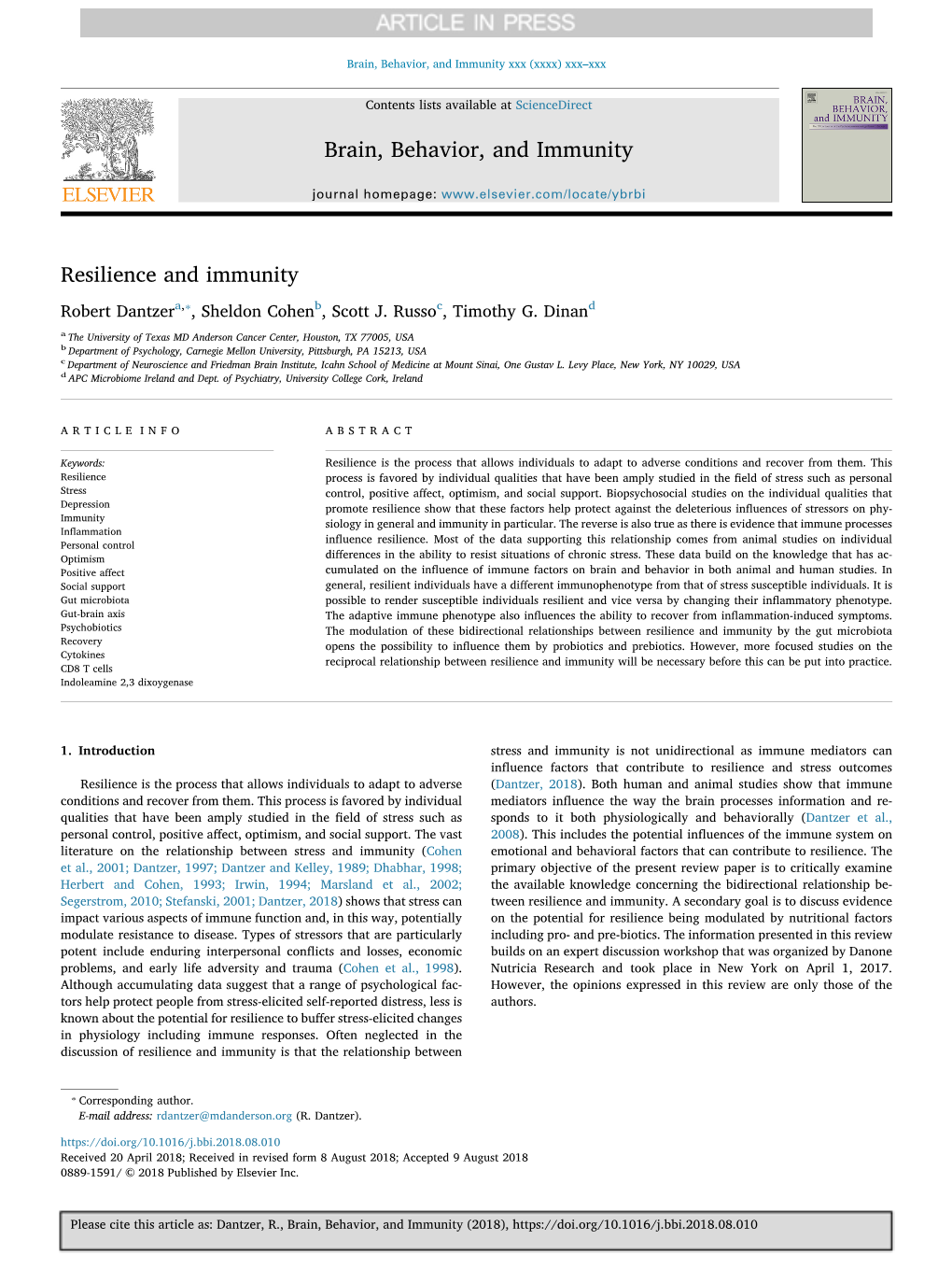 Resilience and Immunity ⁎ Robert Dantzera, , Sheldon Cohenb, Scott J