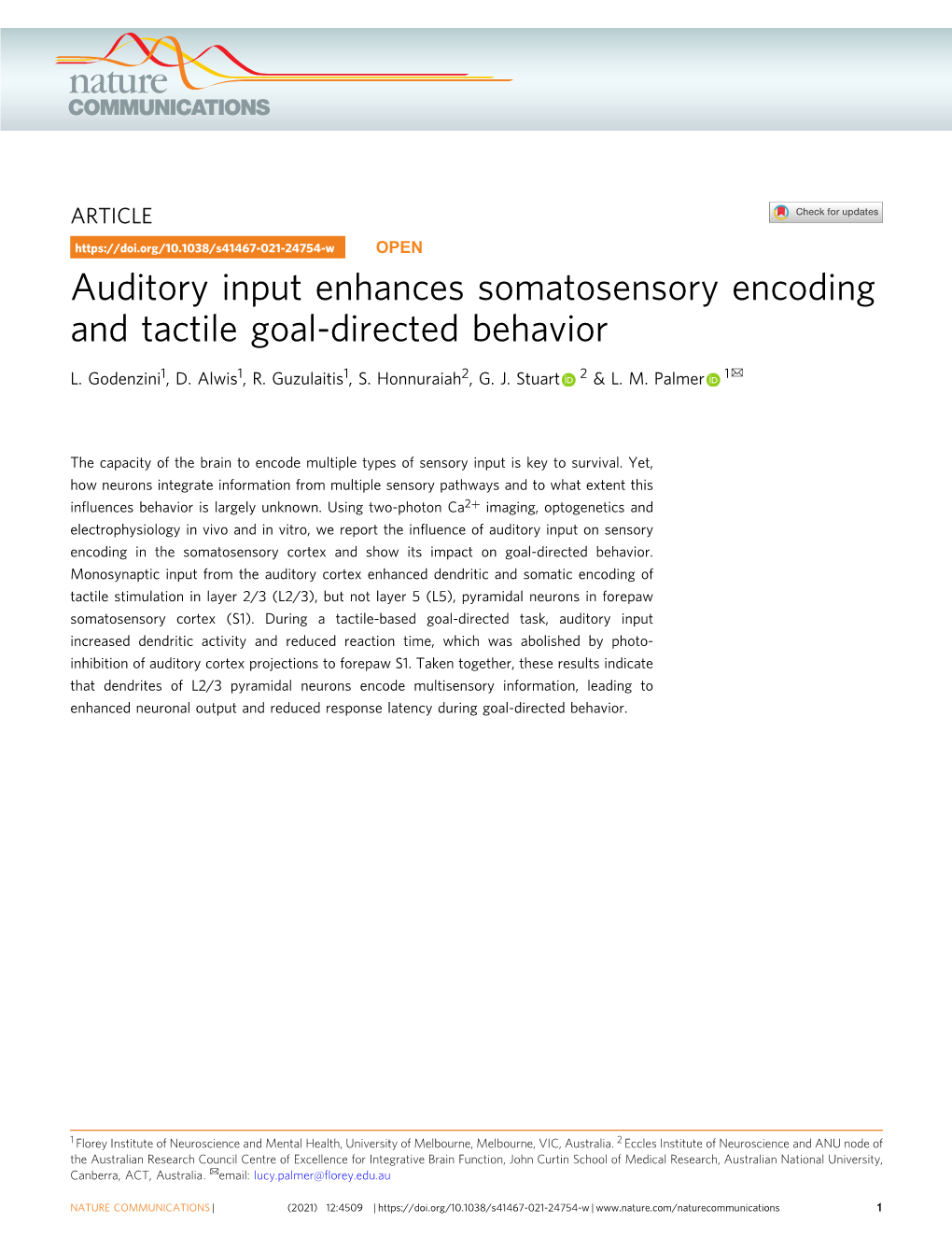 Auditory Input Enhances Somatosensory Encoding and Tactile Goal-Directed Behavior ✉ L