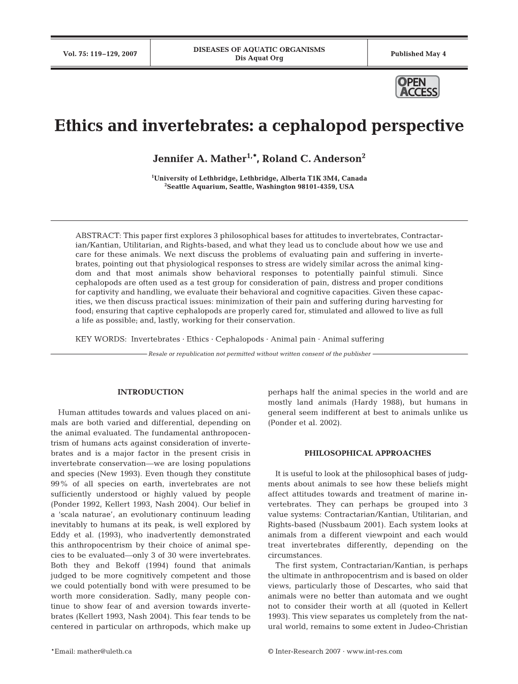 Ethics and Invertebrates: a Cephalopod Perspective