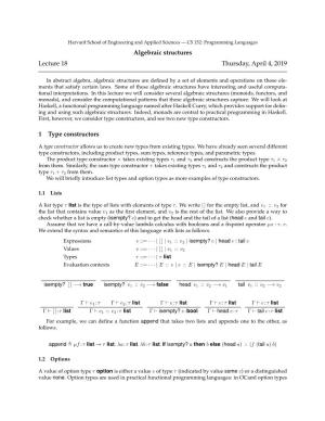 Algebraic Structures Lecture 18 Thursday, April 4, 2019 1 Type