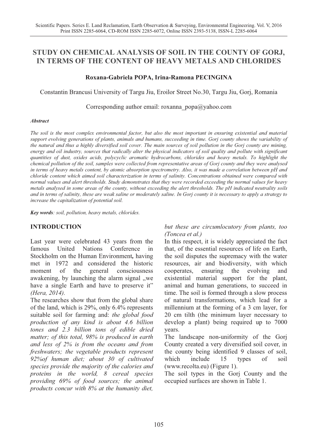 Study on Chemical Analysis of Soil in the County of Gorj, in Terms of the Content of Heavy Metals and Chlorides