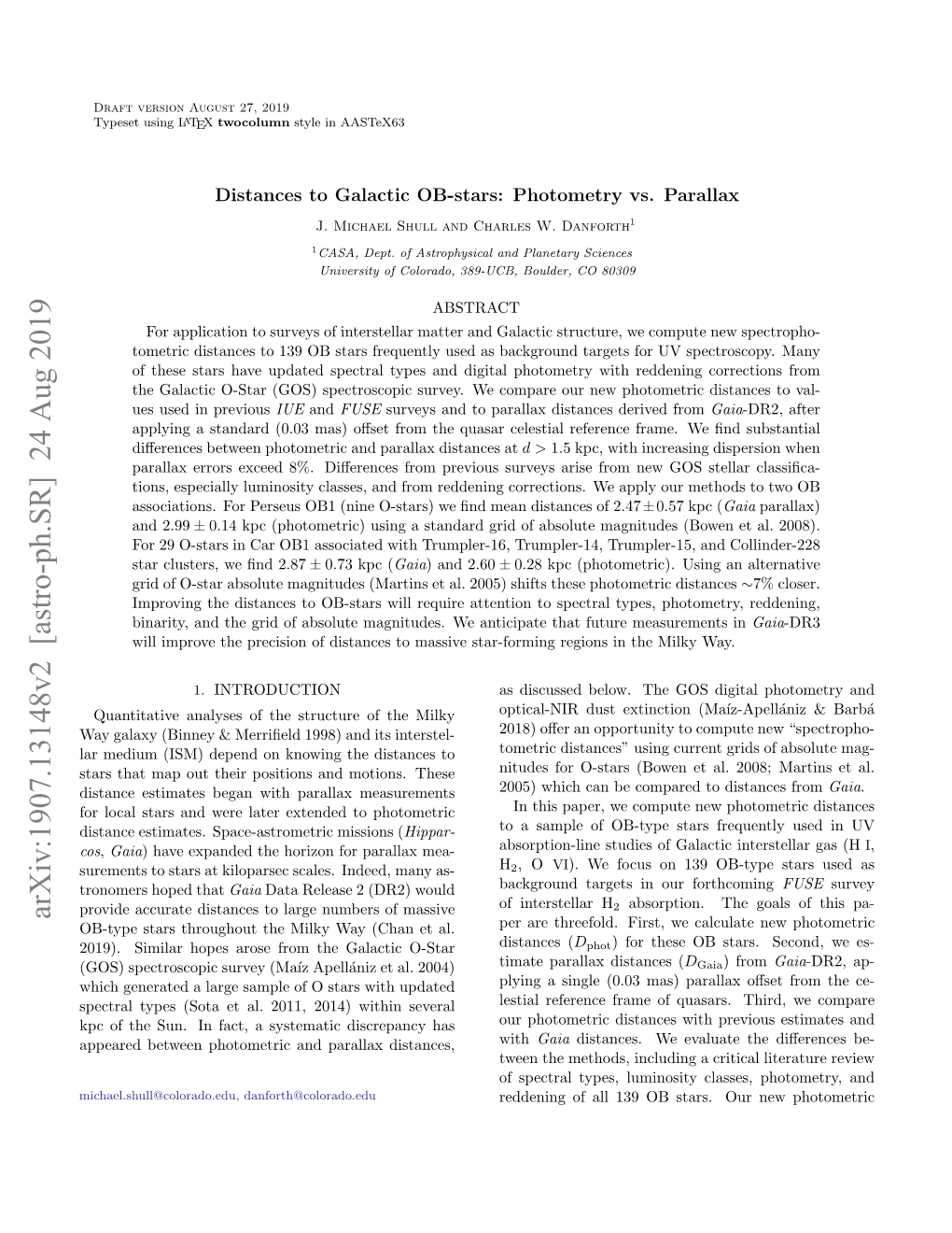 Arxiv:1907.13148V2 [Astro-Ph.SR] 24 Aug 2019 OB-Type Stars Throughout the Milky Way (Chan Et Al