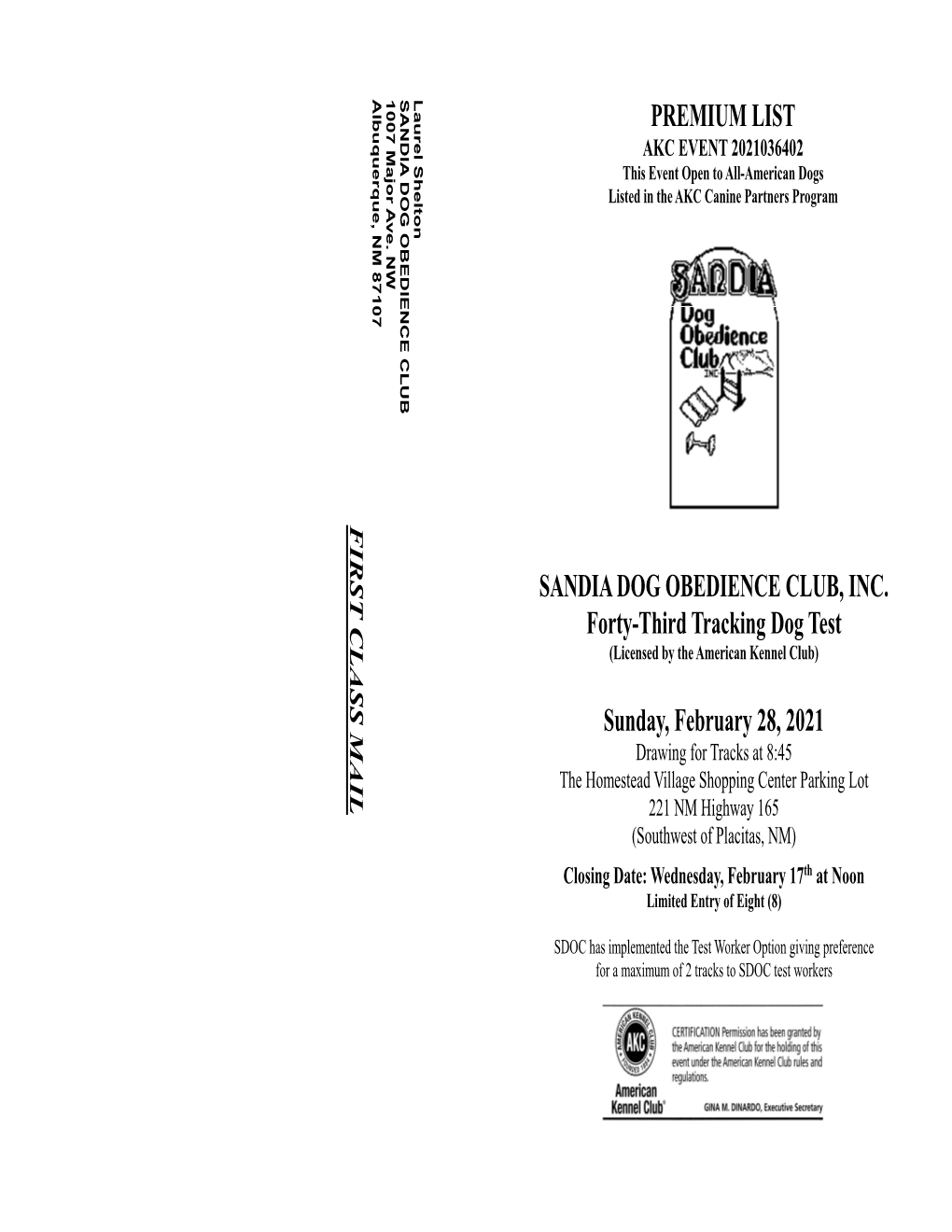 SANDIA DOG OBEDIENCE CLUB, INC. Forty-Third Tracking Dog Test Sunday, February 28, 2021 PREMIUM LIST