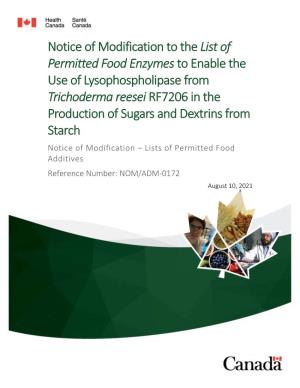 Notice of Modification to the List of Permitted Food Enzymesto Enable