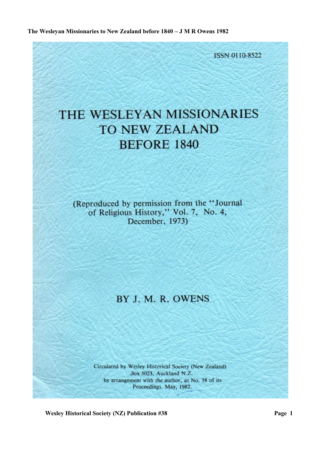 The Wesleyan Missionaries to New Zealand Before 1840 – JMR Owens