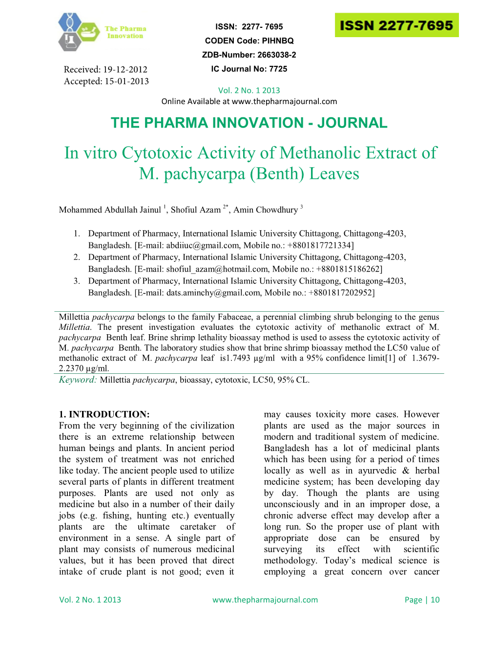 In Vitro Cytotoxic Activity of Methanolic Extract of M