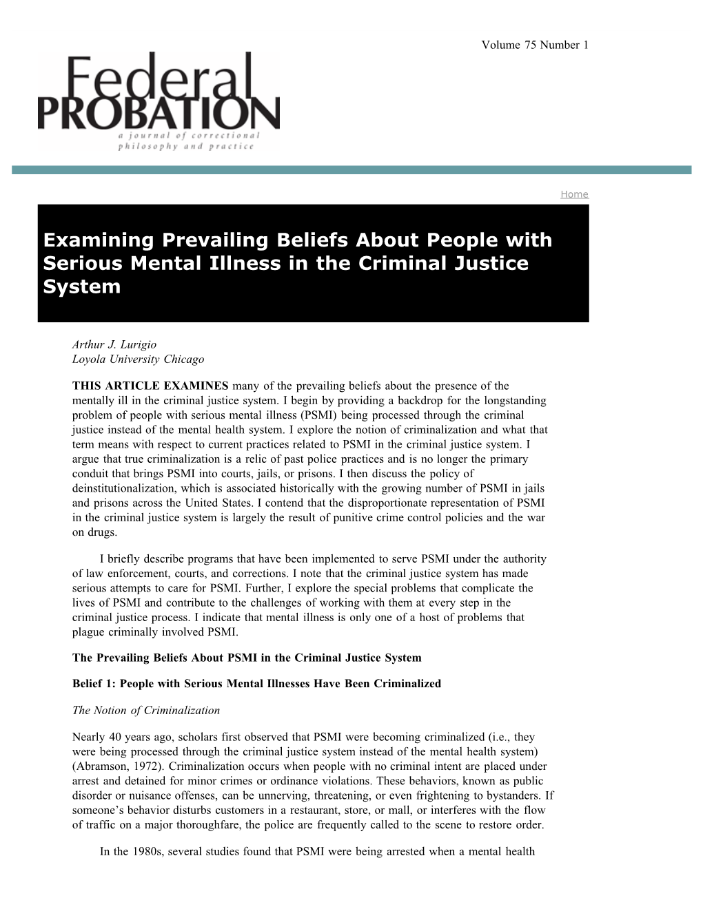 Examining Prevailing Beliefs About People with Serious Mental Illness in the Criminal Justice System