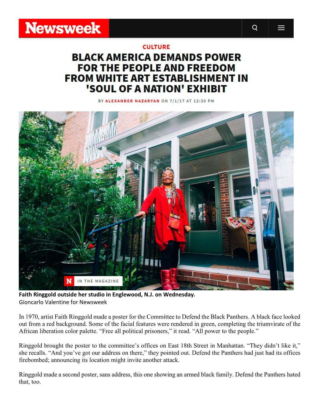 Faith Ringgold Outside Her Studio in Englewood, N.J. on Wednesday