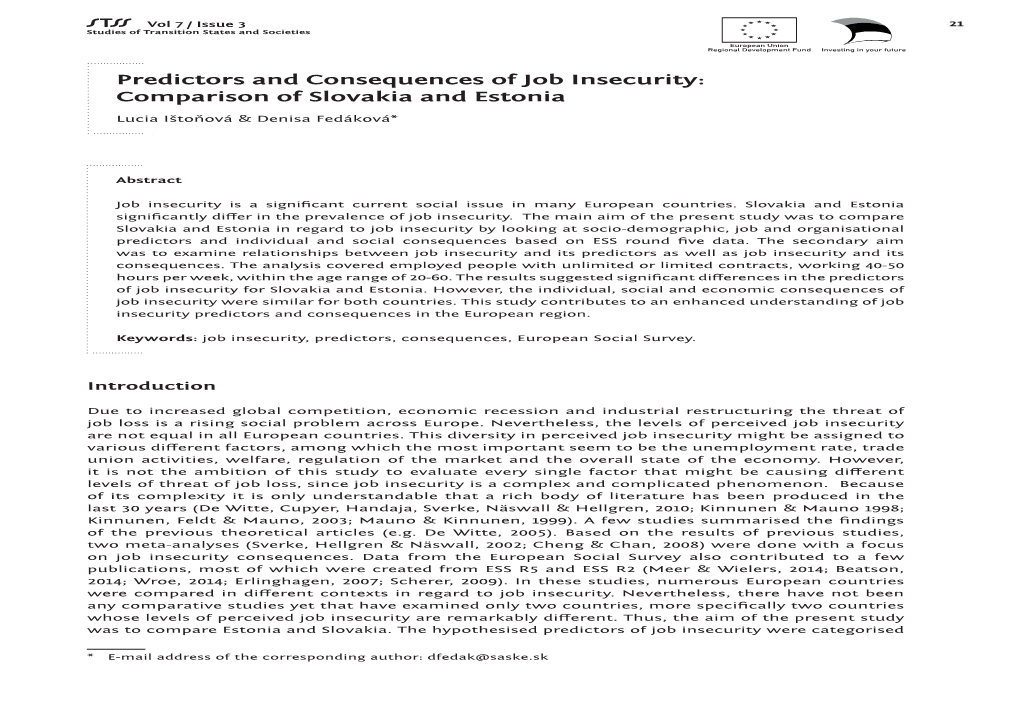 Predictors and Consequences of Job Insecurity: Comparison of Slovakia and Estonia