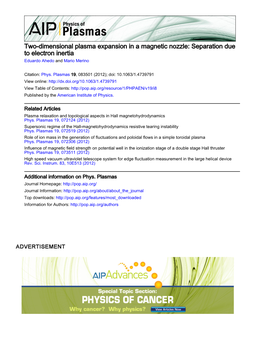 Two-Dimensional Plasma Expansion in a Magnetic Nozzle: Separation Due to Electron Inertia Eduardo Ahedo and Mario Merino