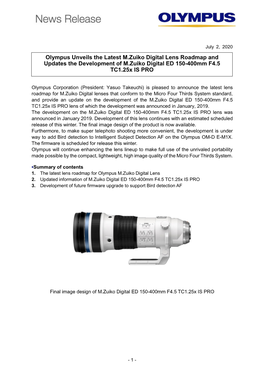 Olympus Unveils the Latest M.Zuiko Digital Lens Roadmap and Updates the Development of M.Zuiko Digital ED 150-400Mm F4.5 TC1.25X IS PRO