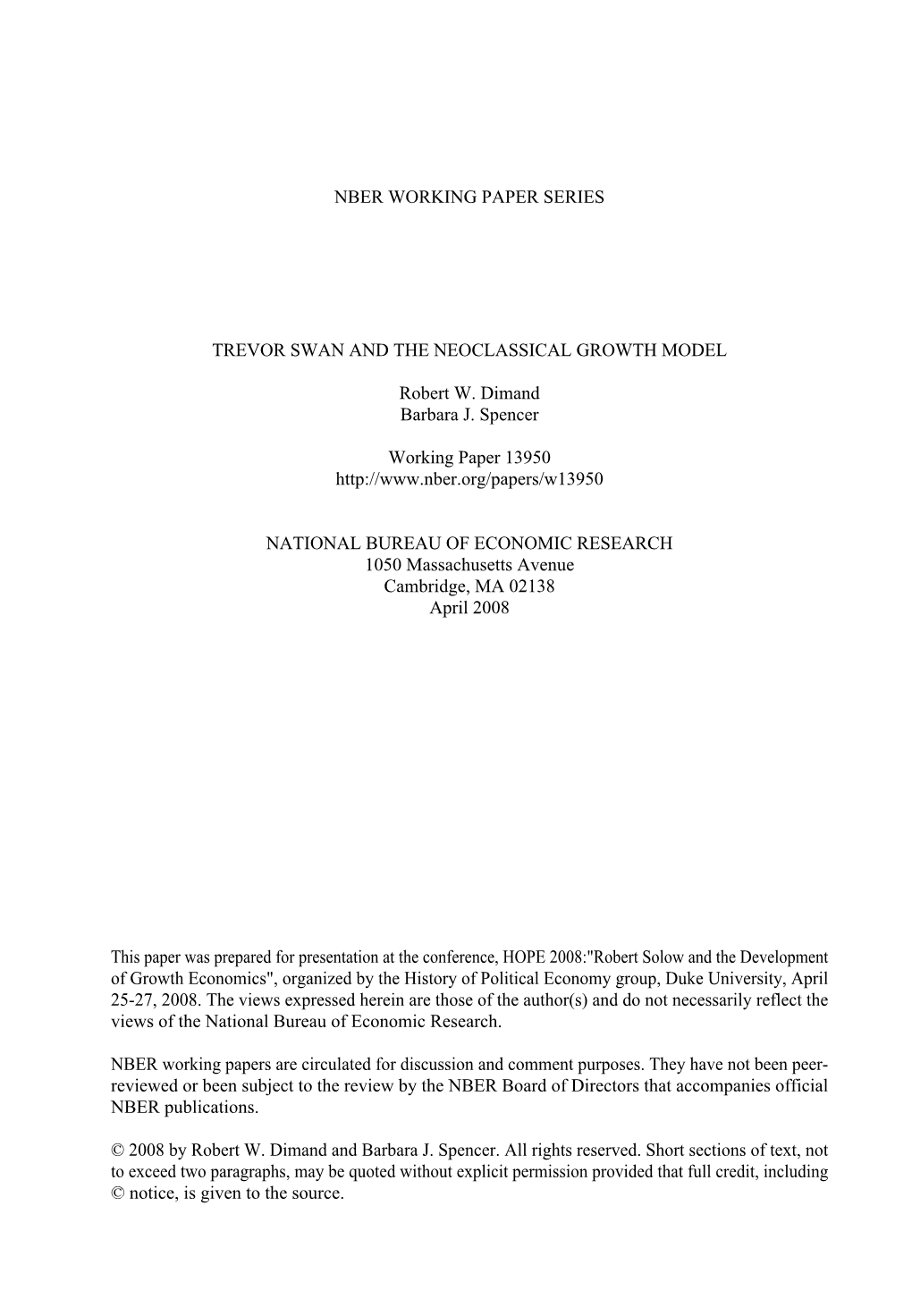 Trevor Swan and the Neoclassical Growth Model - DocsLib