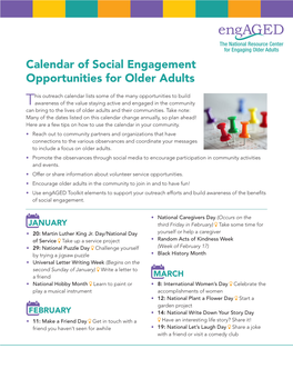 Calendar of Social Engagement Opportunities for Older Adults