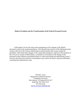 Modern Presidents and the Transformation of the Federal Personnel System